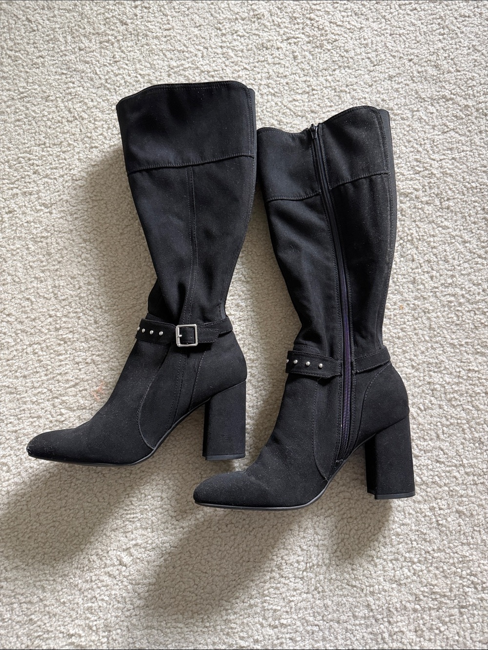 Kelly & Katie Black Mid-Calf Block Heel Boots with Buckle Detail